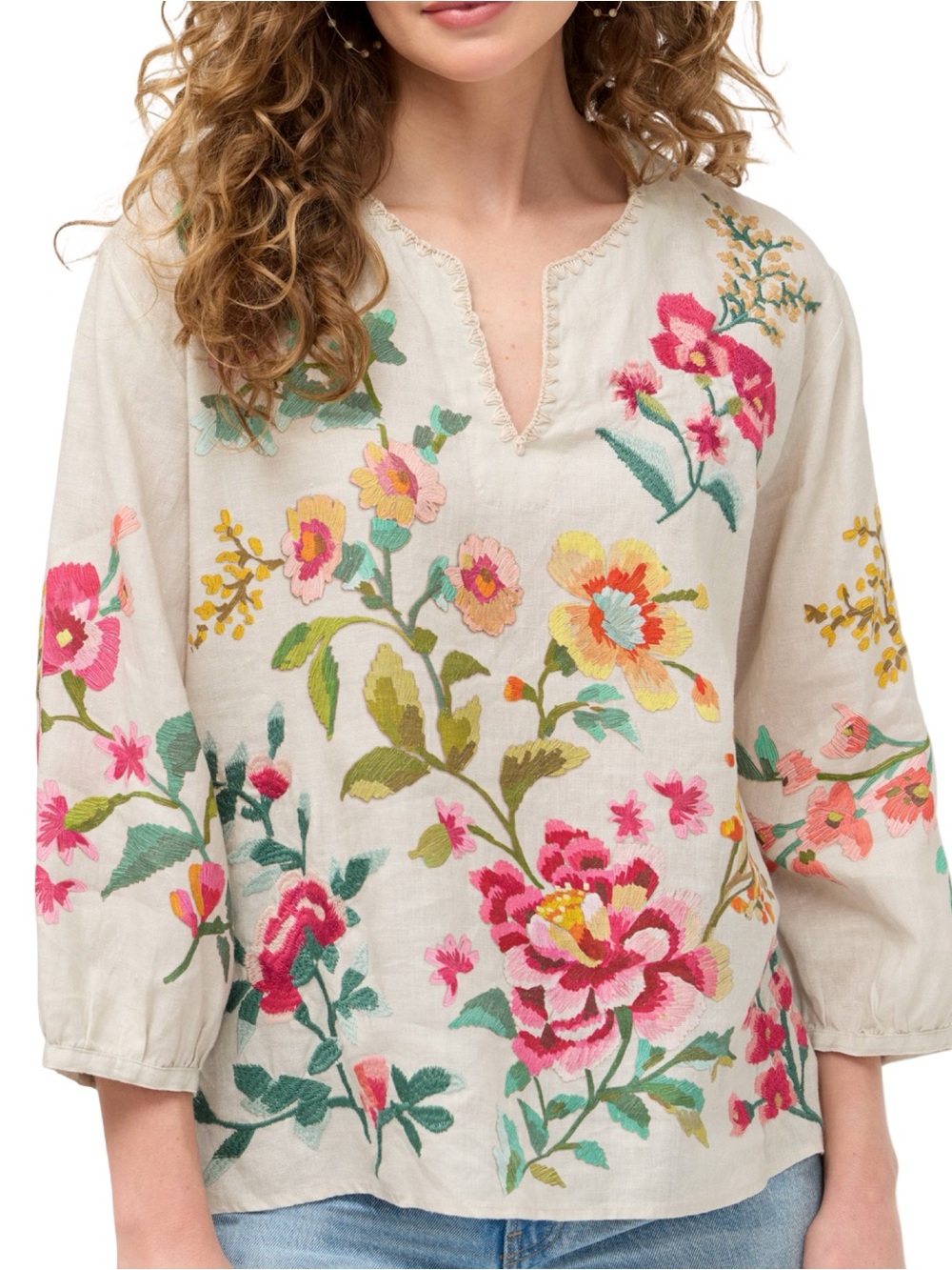 Johnny Was Women’s Sz M Cream Multicolor Floral Embroidery Linen Split Neck Top